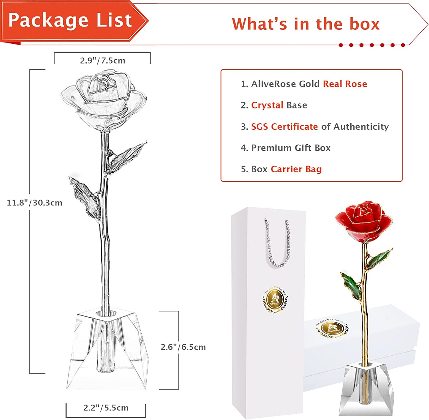 Valentines Day Gift Rose, Long Stem Rose Made from 24K Gold Dipped Real Rose Gift for Her Rose(Red with Crystal Vase)